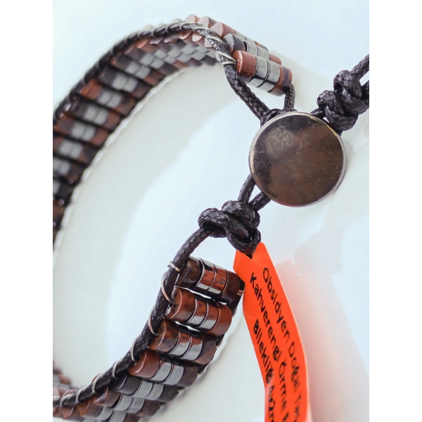 Obsidyen Doğal Taş Kahverengi Örme Erkek Bilekliği 4X2 mm