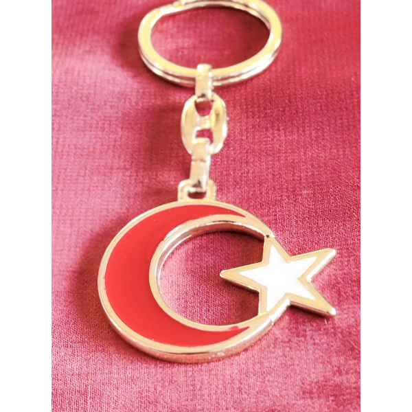 Sarı Metal Kırmızı Ay Beyaz Yıldız Figürlü Anahtarlık