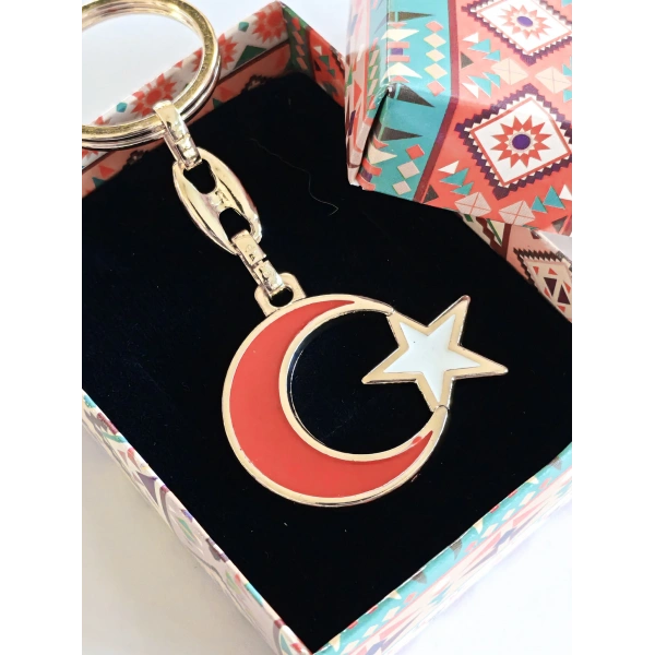 Sarı Metal Kırmızı Ay Beyaz Yıldız Figürlü Anahtarlık