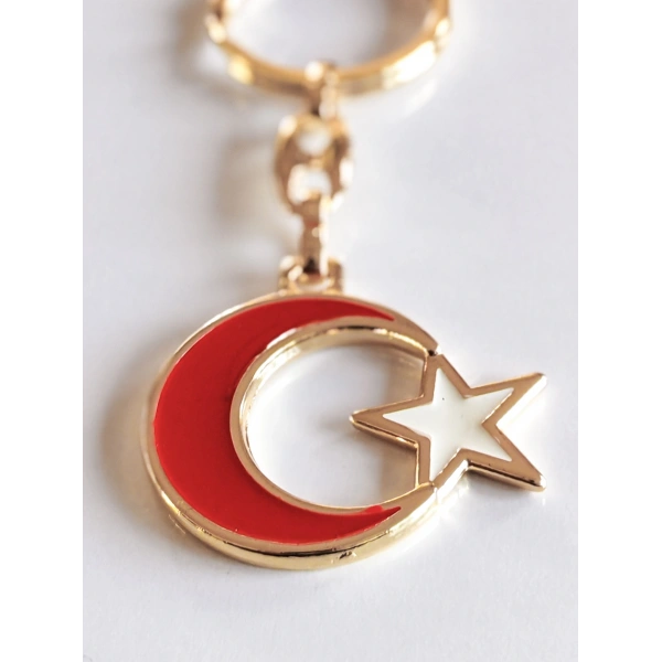 Sarı Metal Kırmızı Ay Beyaz Yıldız Figürlü Anahtarlık
