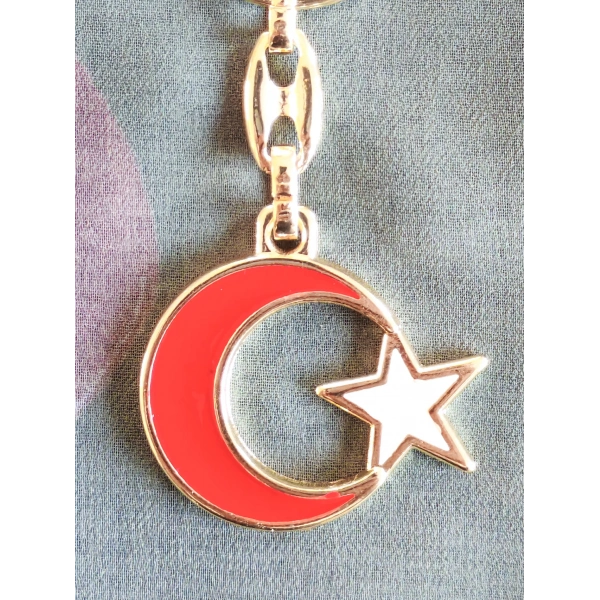 Sarı Metal Kırmızı Ay Beyaz Yıldız Figürlü Anahtarlık