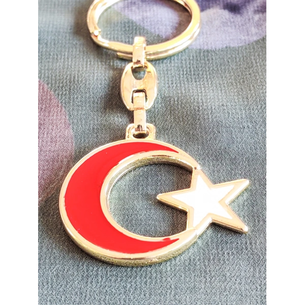 Sarı Metal Kırmızı Ay Beyaz Yıldız Figürlü Anahtarlık