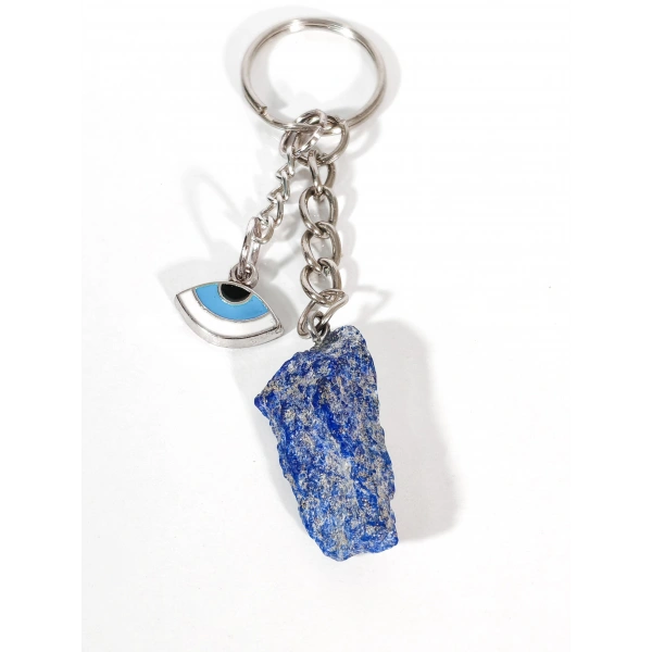 Ham Lapis Lazuli Taşı ve Nazar Boncuğu Uçlu Özel Tasarım Anahtarlık