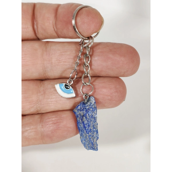 Ham Lapis Lazuli Taşı ve Nazar Boncuğu Uçlu Özel Tasarım Anahtarlık