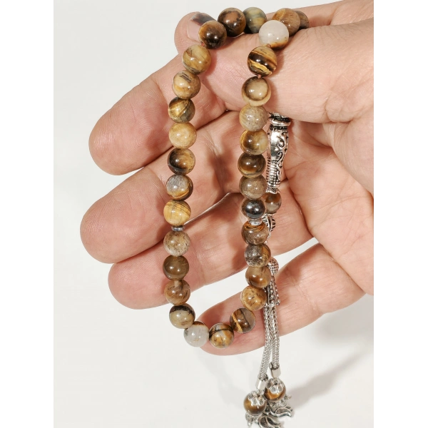 Kaplan Gözü Taşlı ve Gümüş Tonlu Detaylı 33lük Tesbih