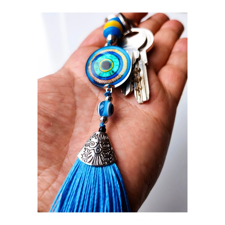Mavi Cam Boncuklu Mavi Püsküllü Anahtarlık