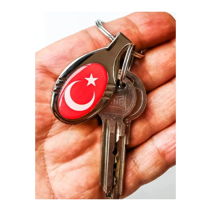 Kırmızı Türk Bayraklı Oval Metal Anahtarlık