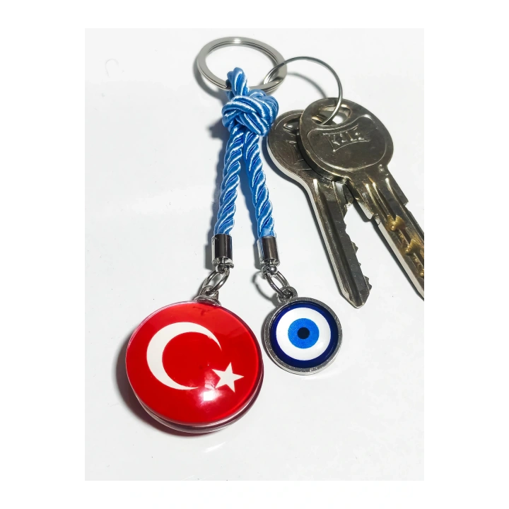 Türk Bayraklı Cam Boncuklu ve Nazar Boncuklu Anahtarlık