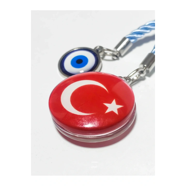 Türk Bayraklı Cam Boncuklu ve Nazar Boncuklu Anahtarlık