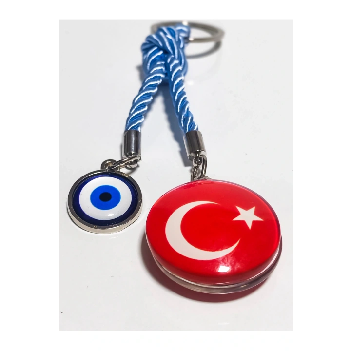 Türk Bayraklı Cam Boncuklu ve Nazar Boncuklu Anahtarlık
