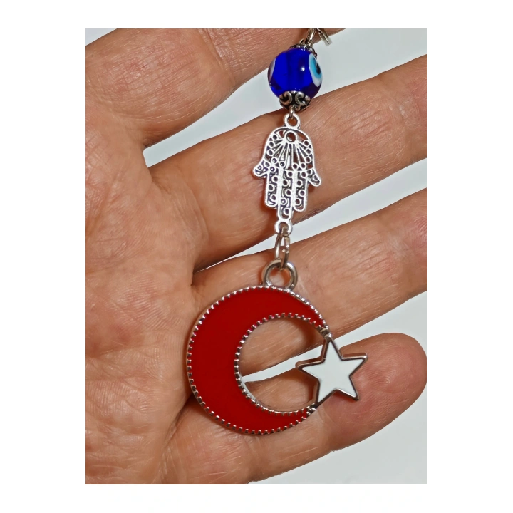 Metal Ay Yıldızlı Türk Bayraklı ve Metal Fatımanın Eli-Hamsalı Anahtarlık