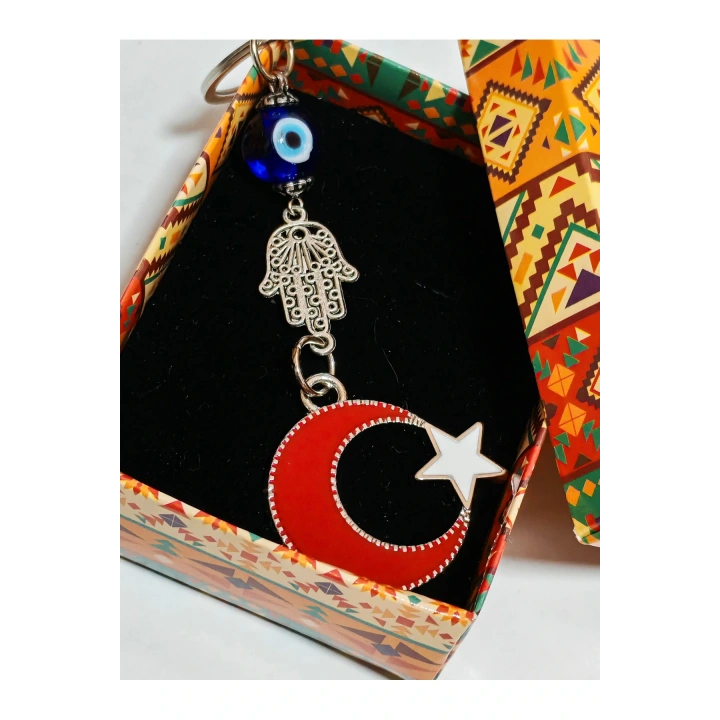 Metal Ay Yıldızlı Türk Bayraklı ve Metal Fatımanın Eli-Hamsalı Anahtarlık