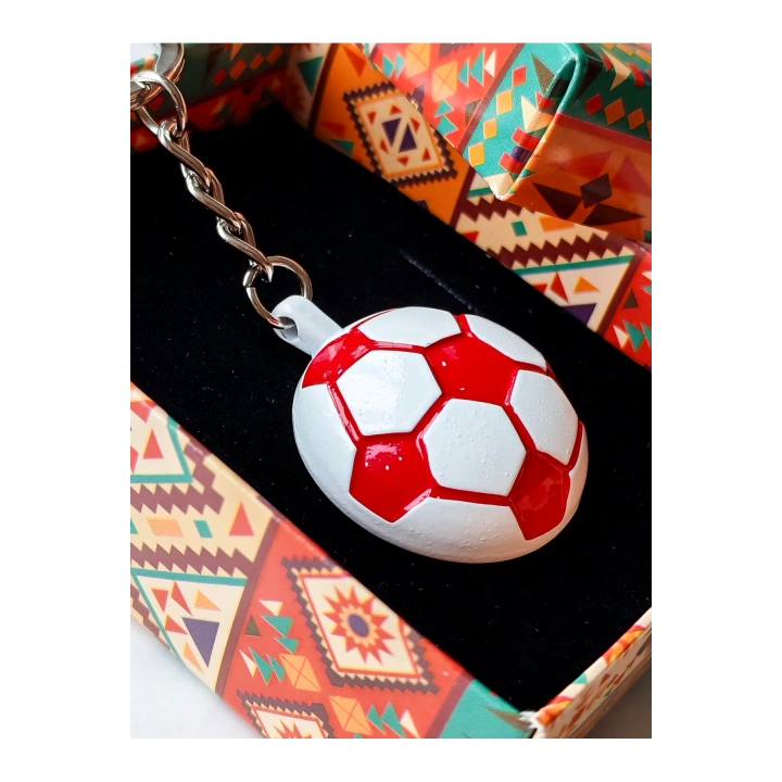 Kırmızı Beyaz Milli Takım Temalı - Yarım Futbol Topu - Arkası Aynalı Anahtarlık