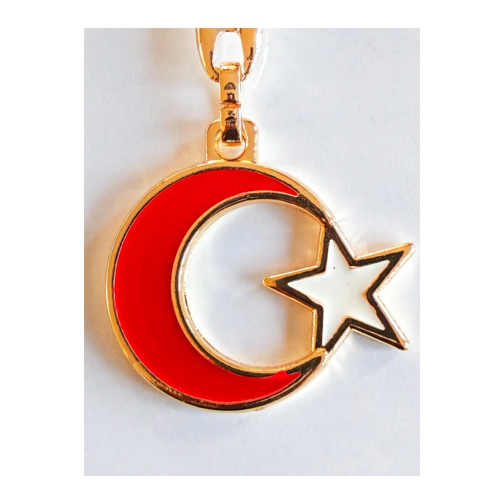 Sarı Metal Kırmızı Ay Beyaz Yıldız Figürlü Anahtarlık