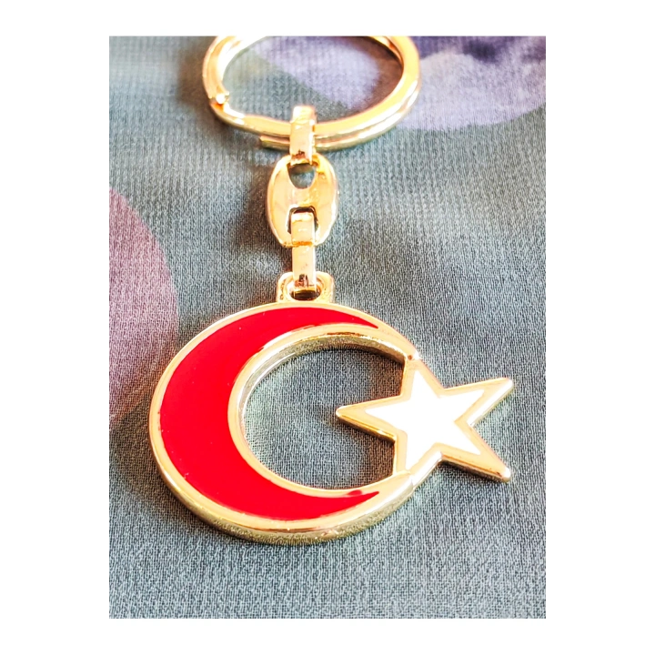 Sarı Metal Kırmızı Ay Beyaz Yıldız Figürlü Anahtarlık