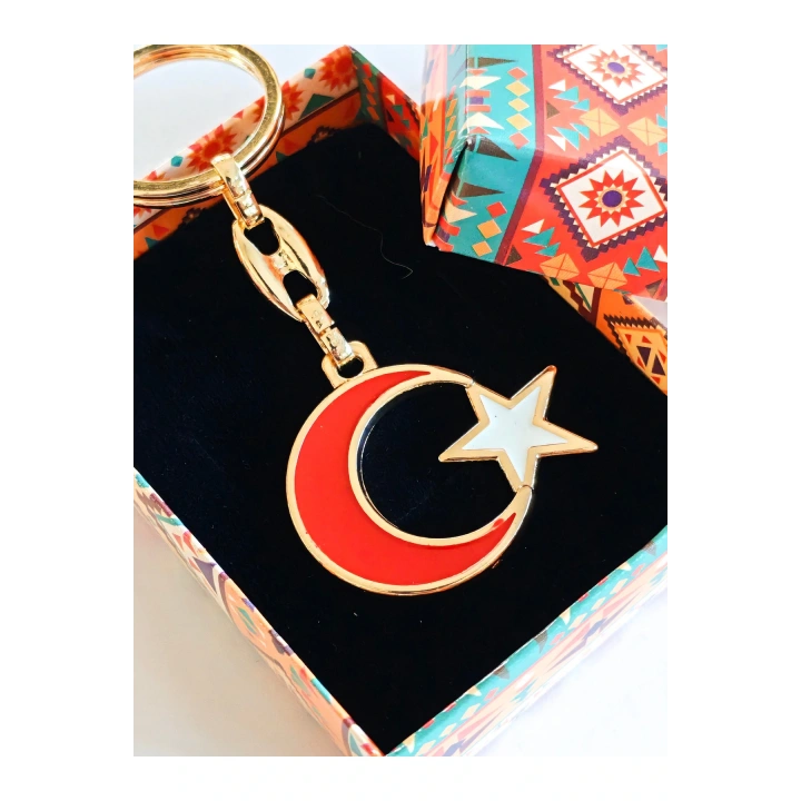 Sarı Metal Kırmızı Ay Beyaz Yıldız Figürlü Anahtarlık