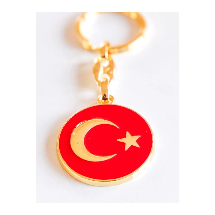 Yuvarlak Kırmızı Zeminde Sarı Altın Renkli Ay Yıldız Figürlü Anahtarlık