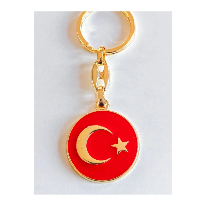 Yuvarlak Kırmızı Zeminde Sarı Altın Renkli Ay Yıldız Figürlü Anahtarlık
