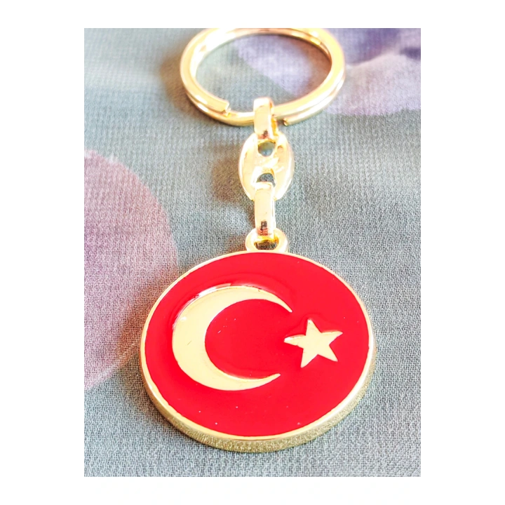 Yuvarlak Kırmızı Zeminde Sarı Altın Renkli Ay Yıldız Figürlü Anahtarlık