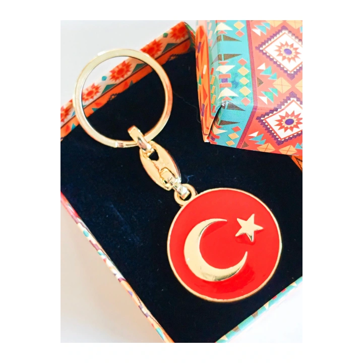 Yuvarlak Kırmızı Zeminde Sarı Altın Renkli Ay Yıldız Figürlü Anahtarlık