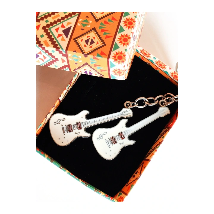 Beyaz İki Gitarlı Metal Anahtarlık