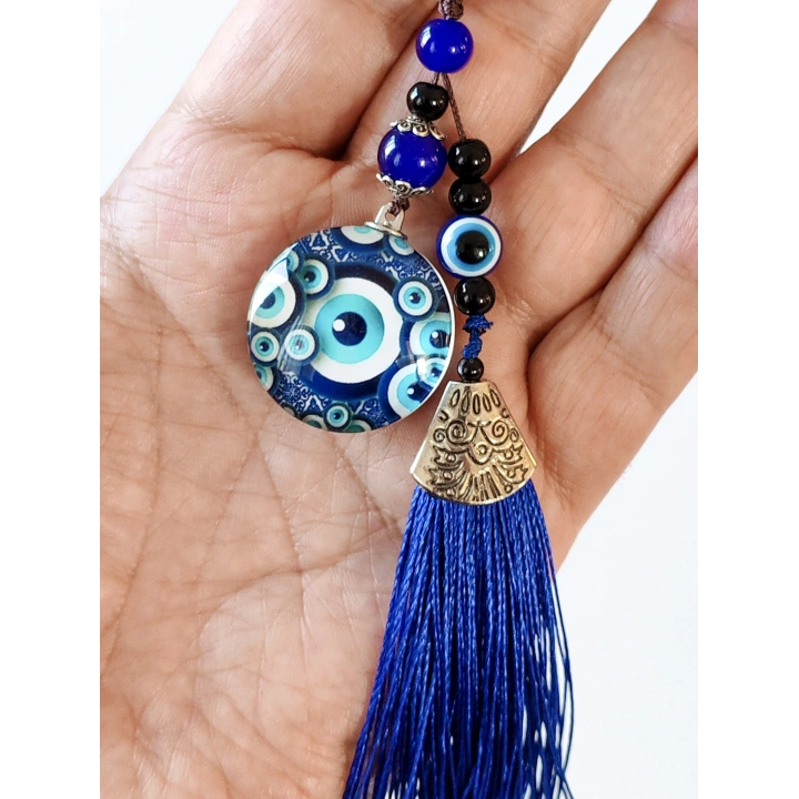 Mavi Püsküllü Desenli Cam Anahtarlık