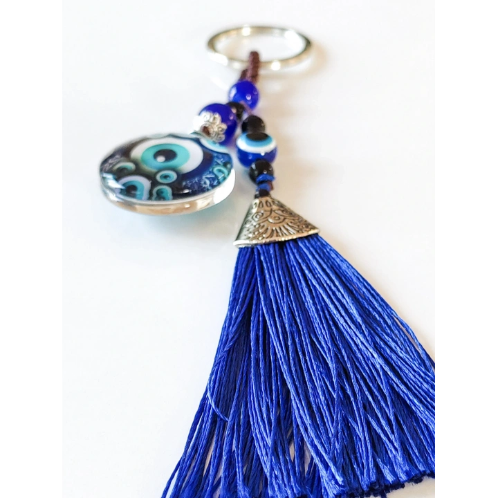 Mavi Püsküllü Desenli Cam Anahtarlık