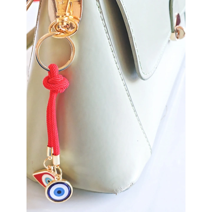 İpli Kırmızı Mavi Nazar Boncuklu Metal ve Cam Çanta Süsü