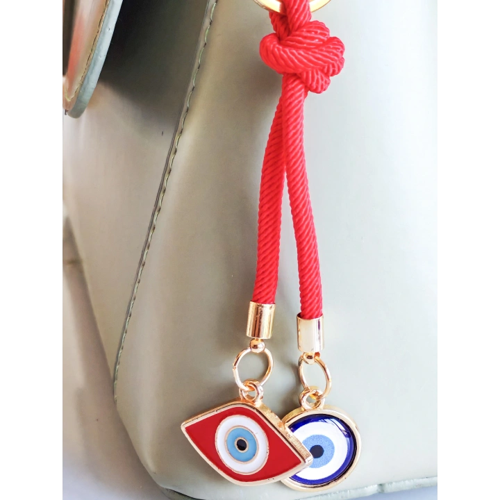 İpli Kırmızı Mavi Nazar Boncuklu Metal ve Cam Çanta Süsü