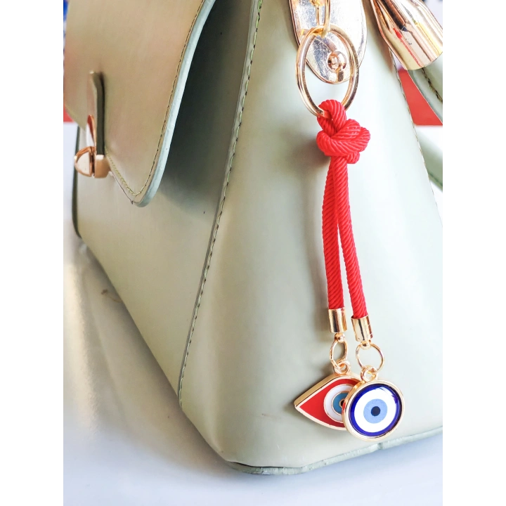 İpli Kırmızı Mavi Nazar Boncuklu Metal ve Cam Çanta Süsü