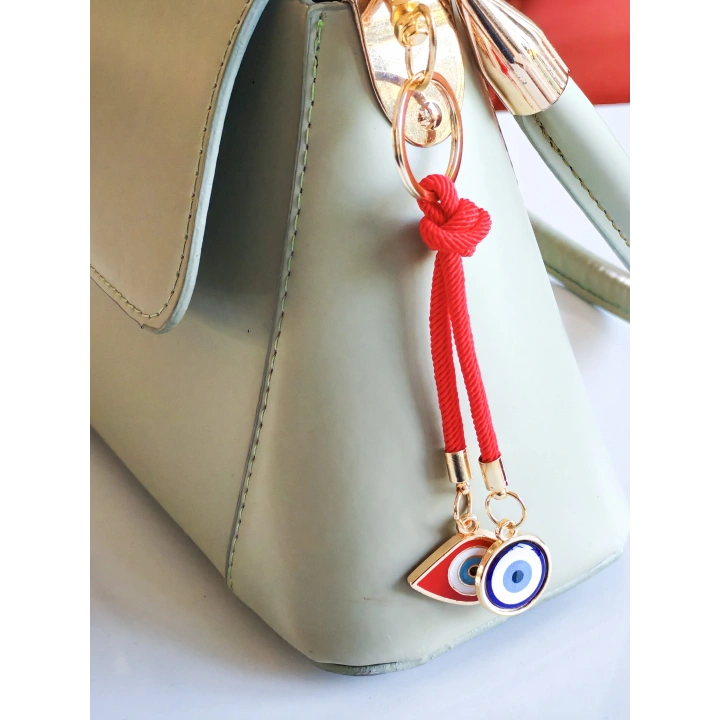 İpli Kırmızı Mavi Nazar Boncuklu Metal ve Cam Çanta Süsü