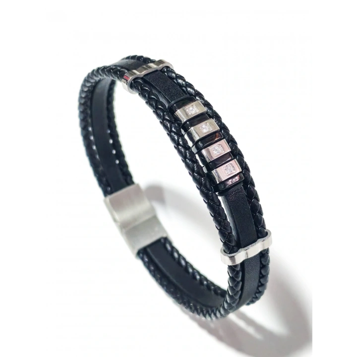 Siyah Deri ve Çelik Erkek Bileklik