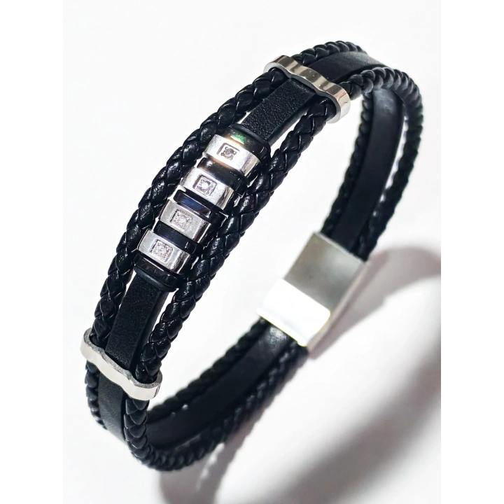 Siyah Deri ve Çelik Erkek Bileklik