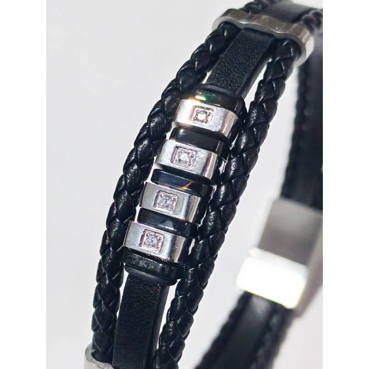 Siyah Deri ve Çelik Erkek Bileklik