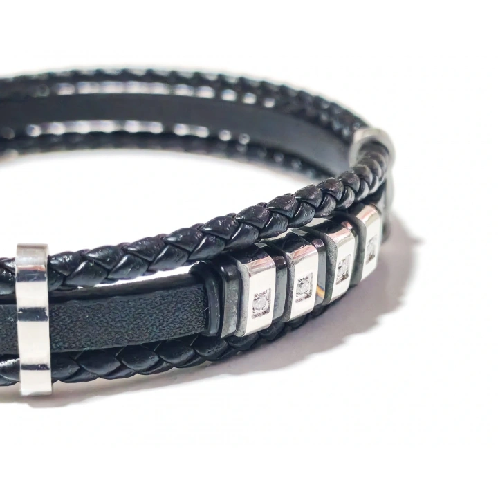 Siyah Deri ve Çelik Erkek Bileklik