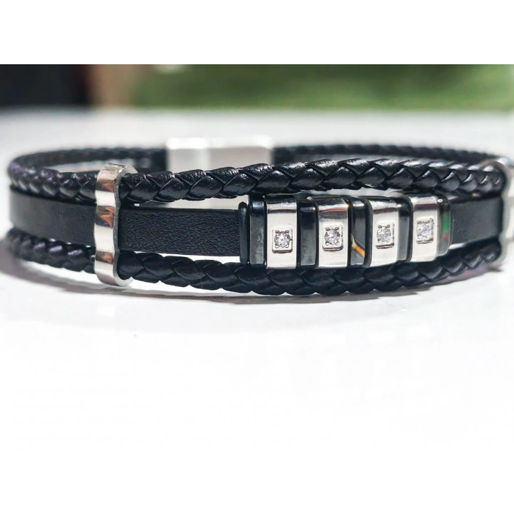 Siyah Deri ve Çelik Erkek Bileklik