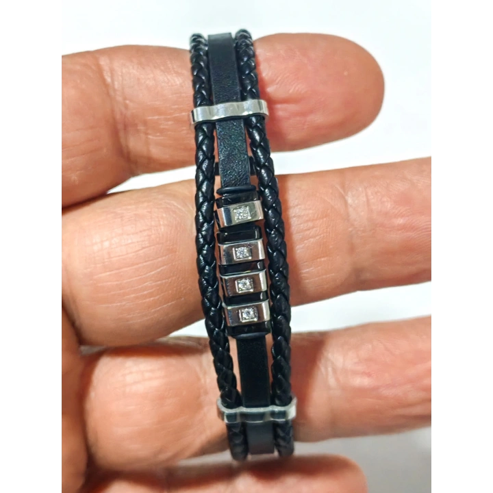 Siyah Deri ve Çelik Erkek Bileklik