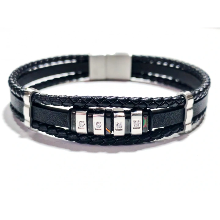 Siyah Deri ve Çelik Erkek Bileklik