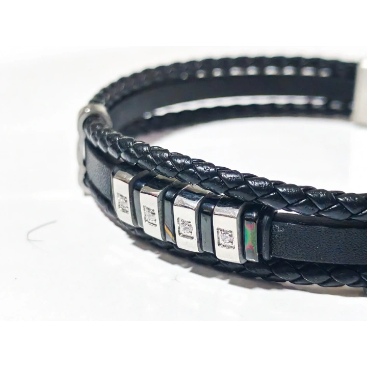 Siyah Deri ve Çelik Erkek Bileklik