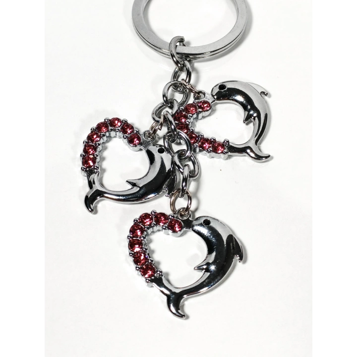 Pembe Taşlı Kalp Şeklinde Yunus Balıklarından Metal Anahtarlık