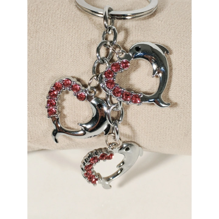 Pembe Taşlı Kalp Şeklinde Yunus Balıklarından Metal Anahtarlık