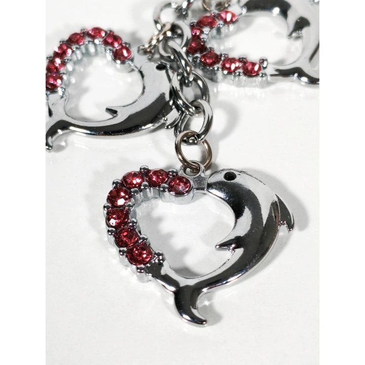 Pembe Taşlı Kalp Şeklinde Yunus Balıklarından Metal Anahtarlık