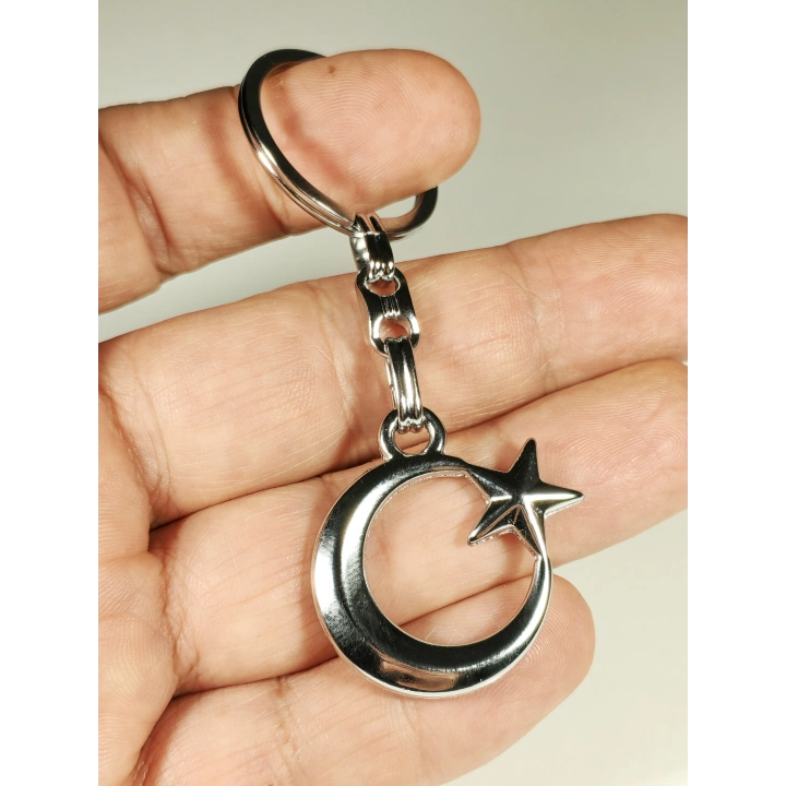Gümüş Renkli Ay Yıldızlı 3 Boyutlu Metal Anahtarlık