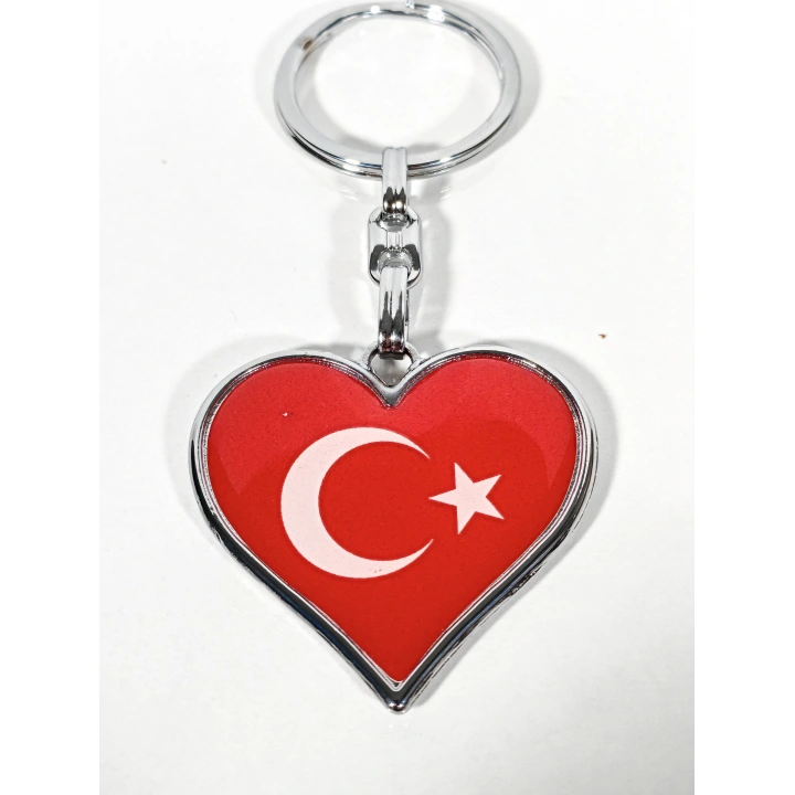 Kalp Şeklinde Kırmızı Türk Bayraklı Metal Anahtarlık