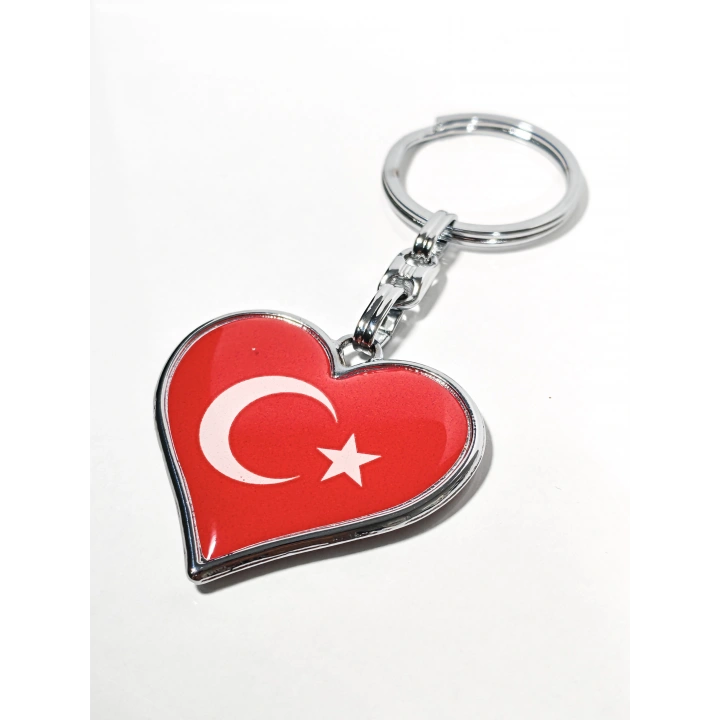 Kalp Şeklinde Kırmızı Türk Bayraklı Metal Anahtarlık