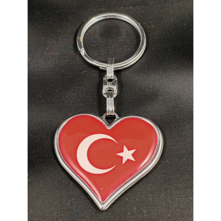 Kalp Şeklinde Kırmızı Türk Bayraklı Metal Anahtarlık
