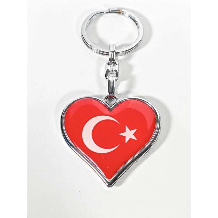 Kalp Şeklinde Kırmızı Türk Bayraklı Metal Anahtarlık