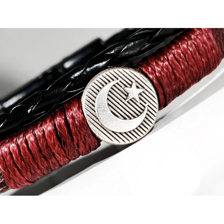 Metal Ay Yıldız Figürlü Erkek Siyah Kahverengi Deri Bileklik - 20 Cm