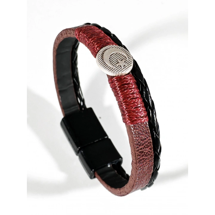 Metal Ay Yıldız Figürlü Erkek Siyah Kahverengi Deri Bileklik - 20 Cm