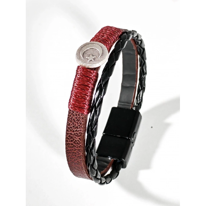 Metal Ay Yıldız Figürlü Erkek Siyah Kahverengi Deri Bileklik - 20 Cm